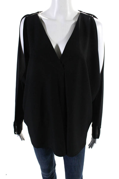 DKNY Womens V-Neck Long Sleeve Accent Shoulder Pullover Blouse Top Black Size L
