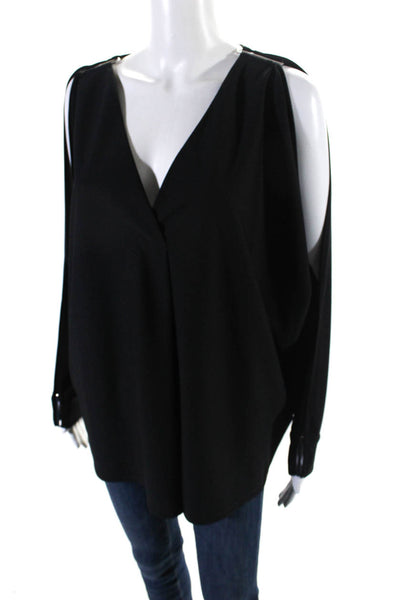 DKNY Womens V-Neck Long Sleeve Accent Shoulder Pullover Blouse Top Black Size L