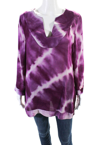 Lauren Pierce for Calypso Womens Silk Tie Dye Print Blouse Purple Size Small