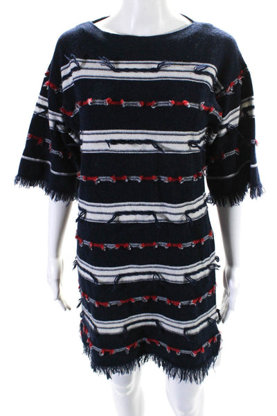 Barrie Womens Striped Short Sleeves Sweater Dress Navy Blue Size Medium