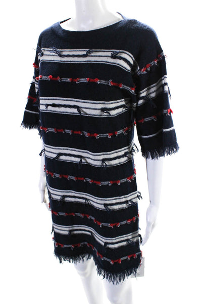 Barrie Womens Striped Short Sleeves Sweater Dress Navy Blue Size Medium