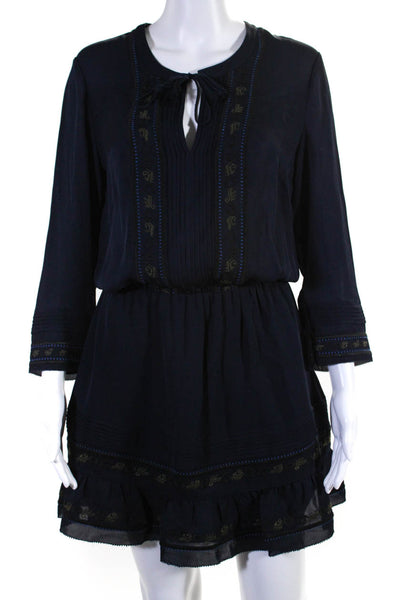 Veronica Beard Womens Silk Embroidered A Line Dress Navy Blue Size 6