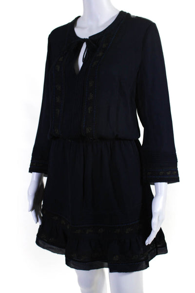 Veronica Beard Womens Silk Embroidered A Line Dress Navy Blue Size 6