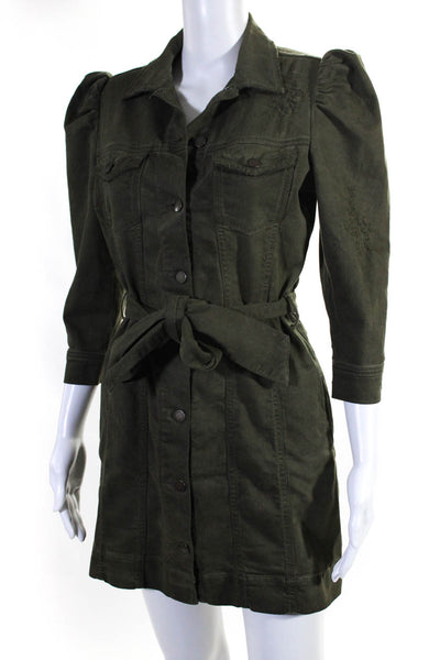 Retrofete Womens Denim Button Down Belted Shirt Dress Green Size Medium