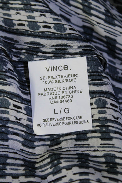 Vince Womens Silk Striped Print V-Neck Short Sleeve Blouse Top Gray Size L
