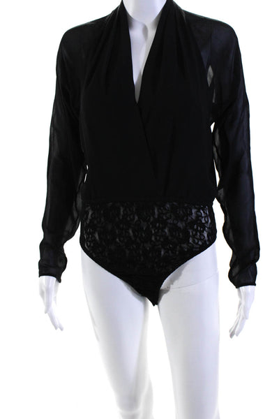 Bill Blass Womens Hook Bottom Long Sleeve Lace Trim Bodysuit Black Size Small