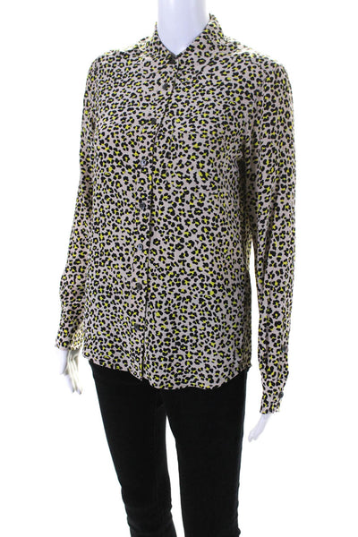 Equipment Femme Womens Leopard Print Button Up Top Blouse Beige Yellow Black XS