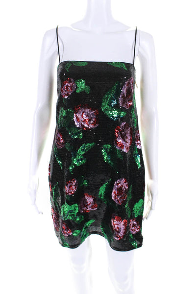 Toccin Womens Sequined Floral Print Zipped Sleeveless Mini Dress Black Size M