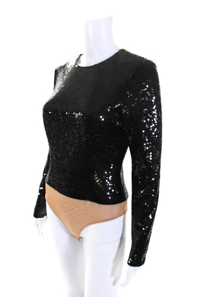 Toccin Womens Embroidered Sequined Long Sleeve Zipped Snap Bodysuit Black Size M