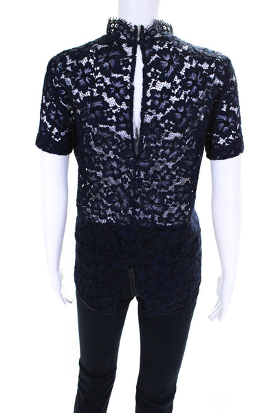 Sandro Womens Lace Yoke Short Sleeve Striped Top Blouse Navy Blue Size 2