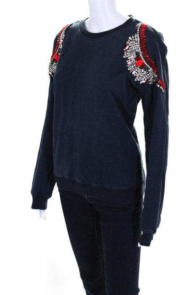 Hemant & Nandita Womens Cotton Beaded Round Neck Sweatshirt Top Navy Size M