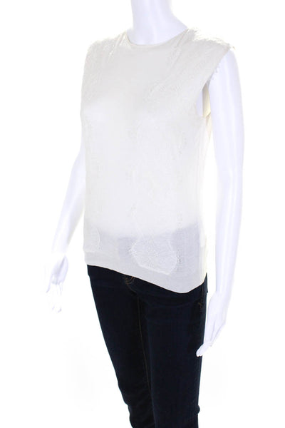 Lanvin Women's Round Neck Sleeveless Lace Print Blouse Cream Size M