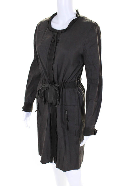 Elie Tahari  Long Sleeves Cinch Waist Full Zip Midi Dress Brown Size M