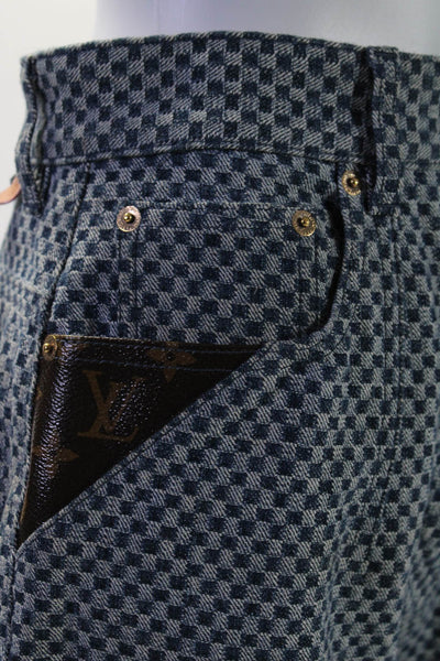 Louis Vuitton Womens Tapered Check Print Jeans Denim Leather Blue Size 38