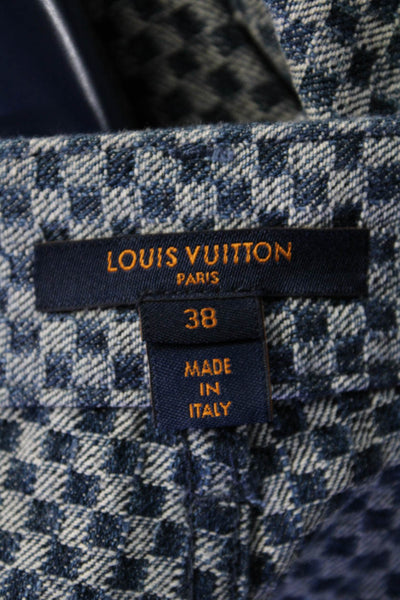 Louis Vuitton Womens Tapered Check Print Jeans Denim Leather Blue Size 38