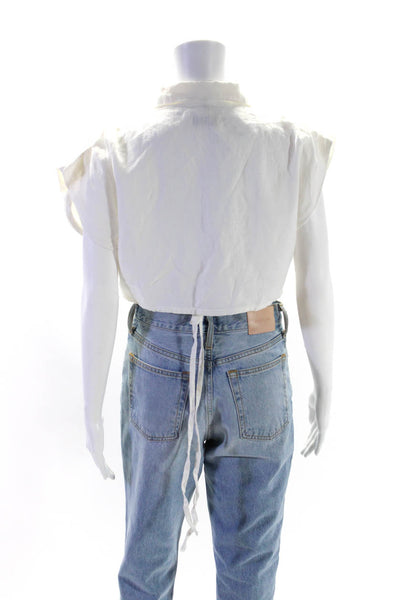DL1961 Womens Colared Short Sleeve Cropped Blouse Linen White Size Small