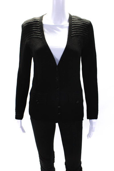 St. John Womens Button Down Front Pocket Tight Knit Cardigan Black Size Small