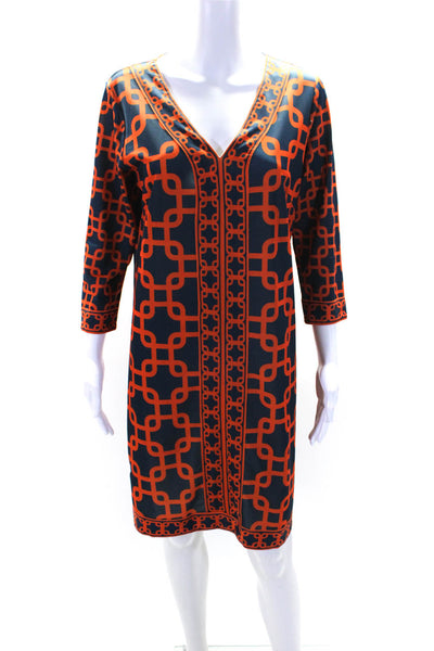 Gretchen Scott Womens Interlocking Print V Neck Shift Dress Navy Orange Medium