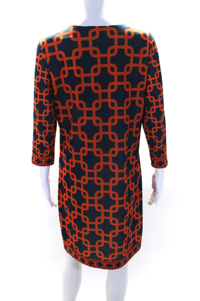 Gretchen Scott Womens Interlocking Print V Neck Shift Dress Navy Orange Medium