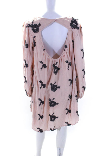 Free People Womens Embroidered Long Sleeve V Neck Shift Dress Pink Size Large