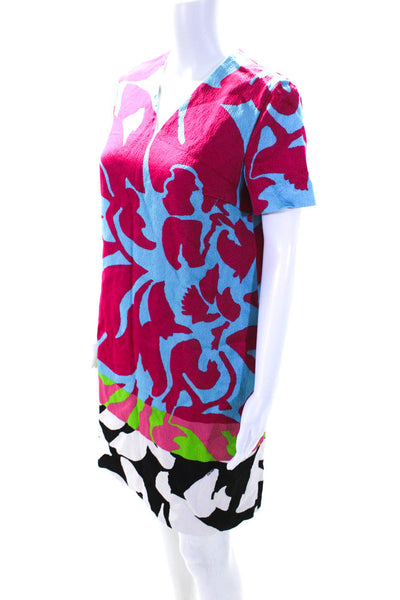 Escada Womens Textured Satin Short Sleeve V Neck Shift Dress Multicolor IT 38