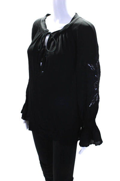 Kobi Halperin Womens Embroidered Tie Neck Long Sleeve Top Blouse Black Small