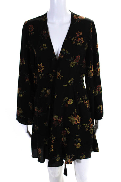 A.L.C. Womens Silk Floral Print Long Sleeves A Line Wrap Dress Black Size 4