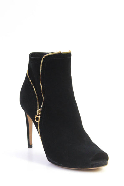 Salvatore Ferragamo Womens Suede Zipper Peep Toe Ankle Boots Black Size 5.5