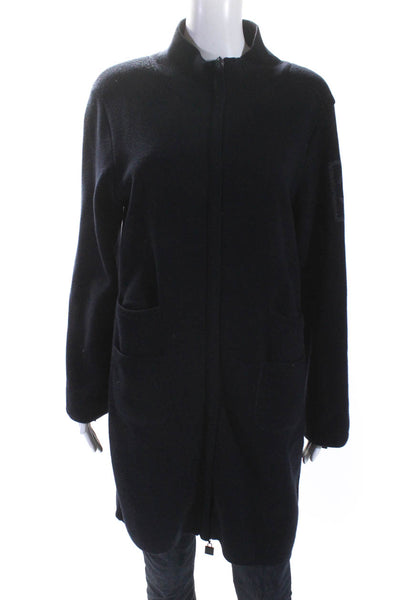 Chanel Womens Wool Knit High Neck Zip Up Longline Jacket Navy Size 48