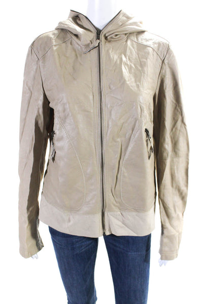 Laundry by Shelli Segal Womens Leather Full Zip Hooded Jacket Beige Size XL