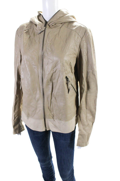 Laundry by Shelli Segal Womens Leather Full Zip Hooded Jacket Beige Size XL