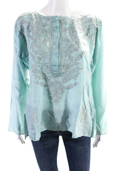 Calypso Christiane Celle Womens Silk Embroidered 1/2 Button Up Top Blue Size L