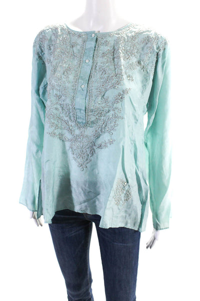 Calypso Christiane Celle Womens Silk Embroidered 1/2 Button Up Top Blue Size L