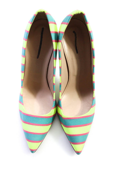J Crew Womens Striped Pointed Toe Slide On Pumps Neon Green Blue Size 7