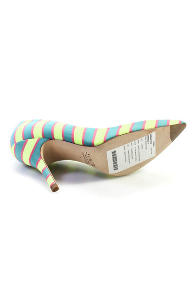 J Crew Womens Striped Pointed Toe Slide On Pumps Neon Green Blue Size 7