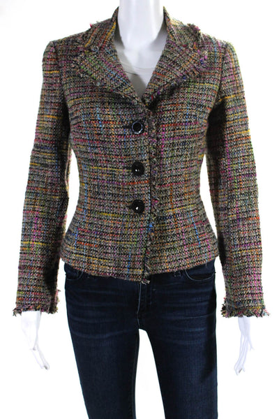 Trina Turk Womens Three Button Fringe Tweed Blazer Jacket Multicolored Size 4