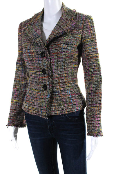 Trina Turk Womens Three Button Fringe Tweed Blazer Jacket Multicolored Size 4