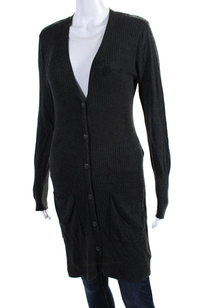 ATM Womens Button Front Long Sleeve Ribbed Knit Cardigan Sweater Gray Medium