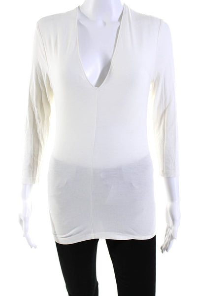 Donna Karan New York Womens 3/4 Sleeve V Neck Knit Shirt White Size Petite