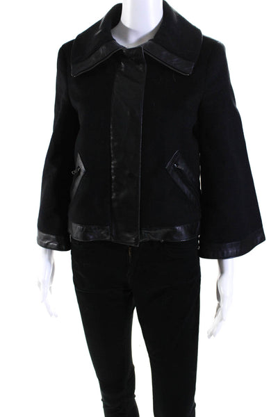 BCBGMAXAZRIA Womens Front Zip Faux Leather Trim Jacket Black Wool Size Small
