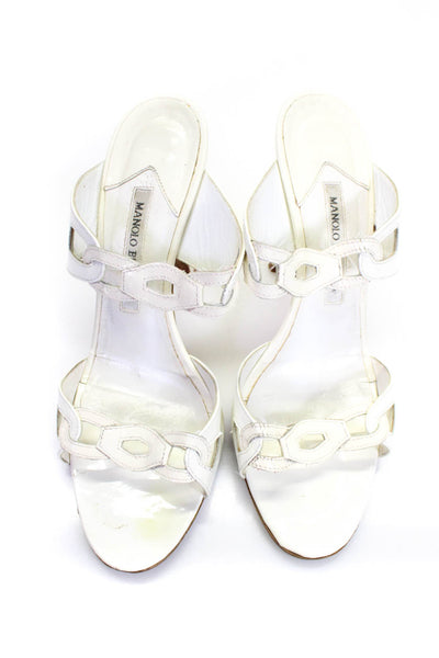 Manolo Blahnik Womens Stiletto Double Strap Sandals White Patent Leather 38.5