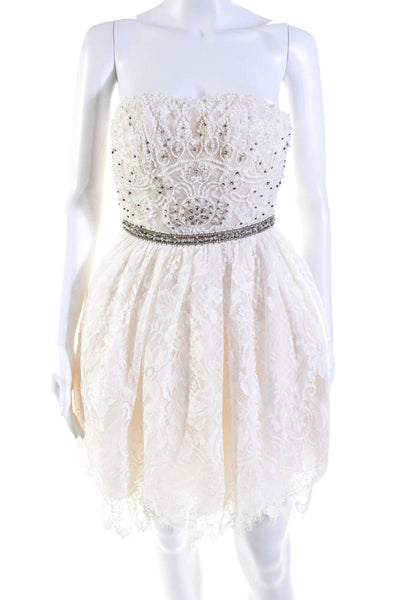 Jovani Womens Back Zip Strapless Crystal Beaded Lace Cocktail Dress White 00