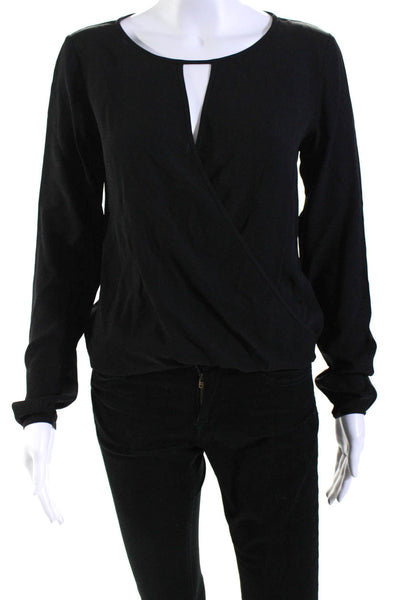 Theory Womens Silk Crepe Long Sleeve Key Hole Pullover Blouse Top Black Size S