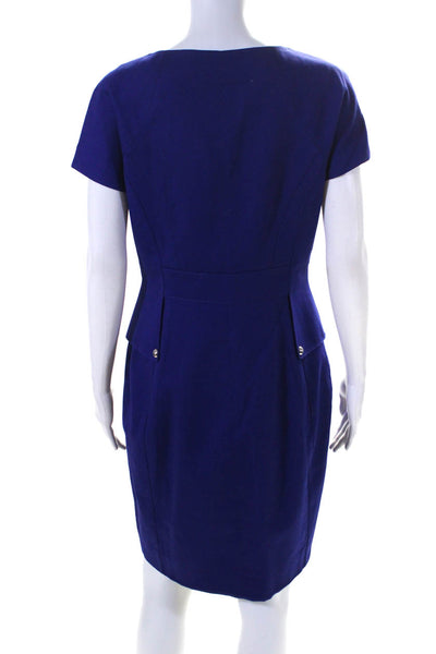Karen Millen Womens Cotton Round Neck Zip Short Sleeve Midi Dress Blue Size 10