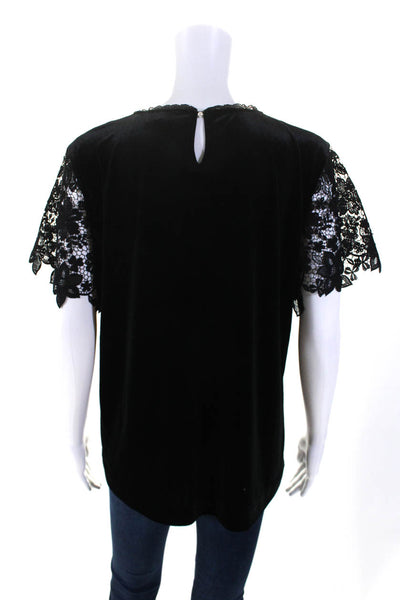 Karl Lagerfeld Womens Lace Sleeve Floral Top Velvet Black Size Large