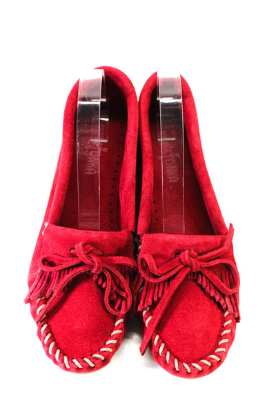 Minnetonka Womens Suede Top Stitched Bow Slip On Moccasins Flats Red Size 8