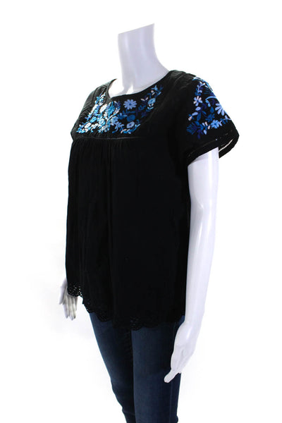 Rebecca Taylor Womens Short Sleeve Floral Embroidered Shirt Black Cotton Size 4