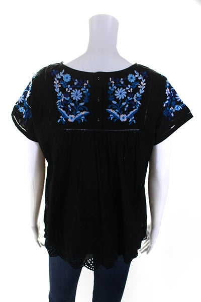 Rebecca Taylor Womens Short Sleeve Floral Embroidered Shirt Black Cotton Size 4
