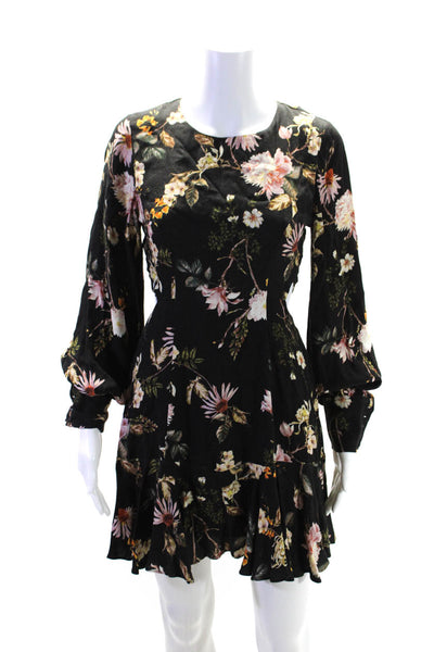 AFRM Womens Floral Printed Long Sleeve Cut Away A-Line Dress Black Size XS