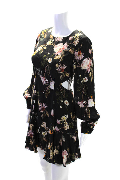 AFRM Womens Floral Printed Long Sleeve Cut Away A-Line Dress Black Size XS
